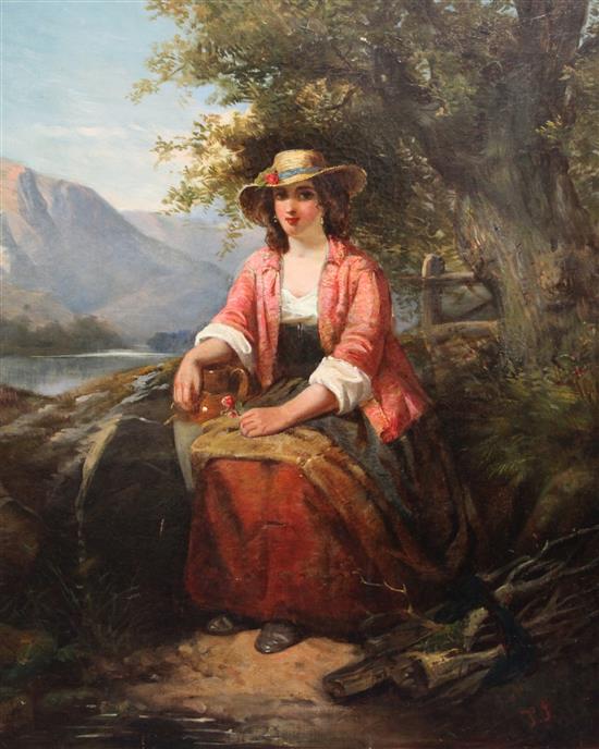 19th century English School Portrait of a lady seated in a landscape 30 x 25in., unframed